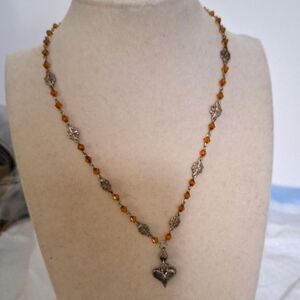 A Women's Delicate Beaded Necklace Pewter Heart Charm Fairy Core